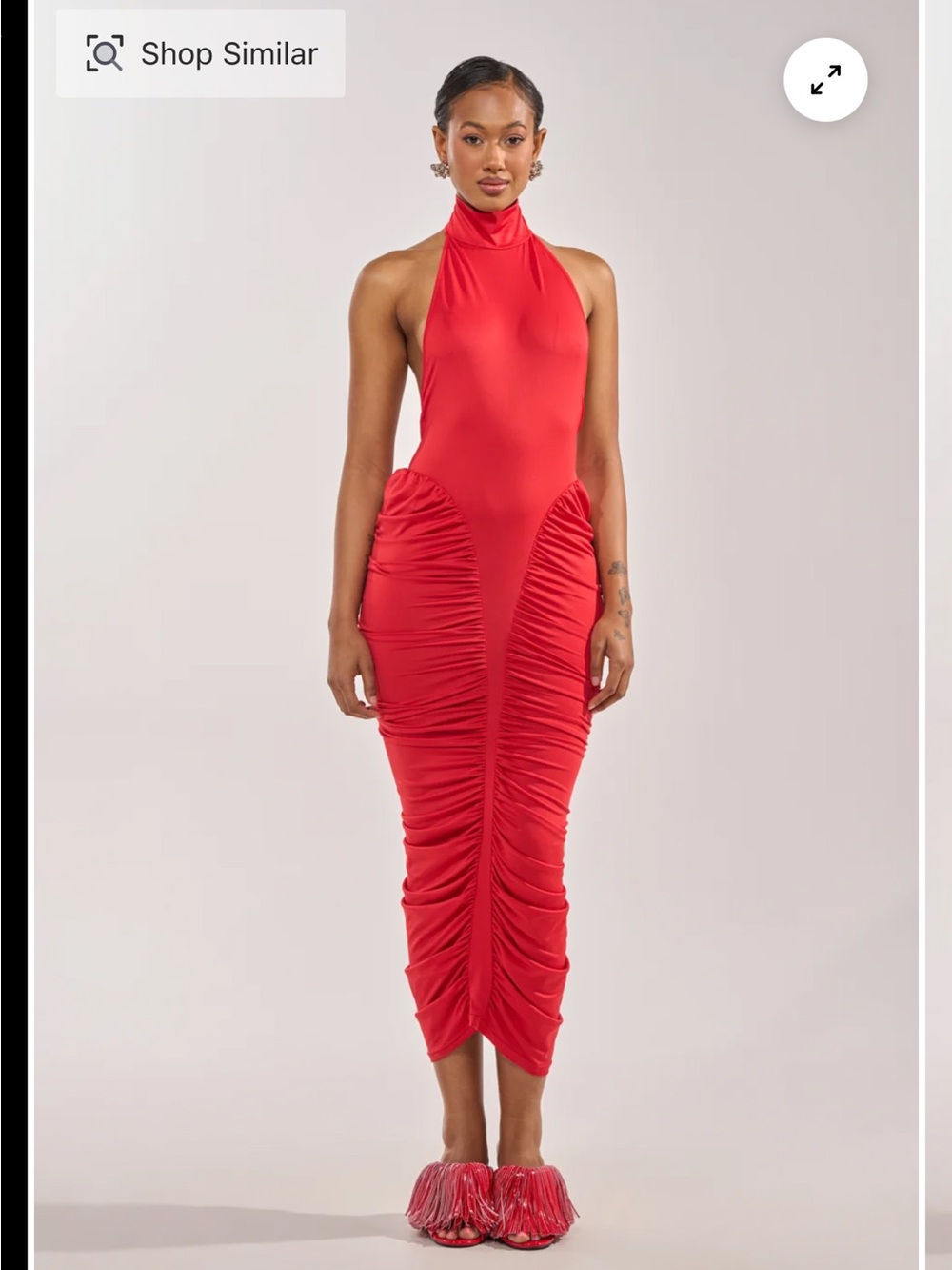 AKIRA Red Halter Ruched Midi Dress